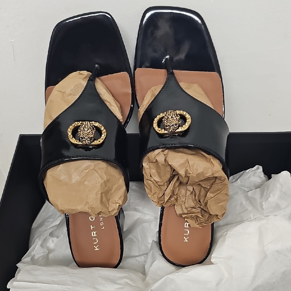 Kurt Geiger Black Patent Slide Mules with Gold Crest Emblem